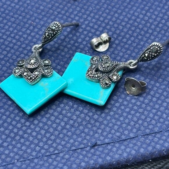 Genuine Turquoise, Marcasites on Sterling Silver Dangle Earrings Minimal Clasd - Picture 2 of 8
